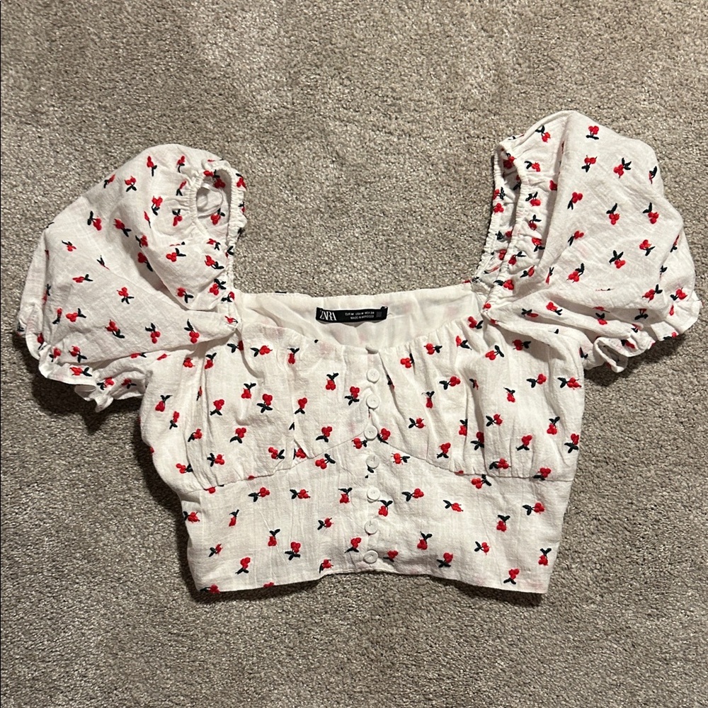 Zara White Cherry-Print Puff-Sleeve Crop Top